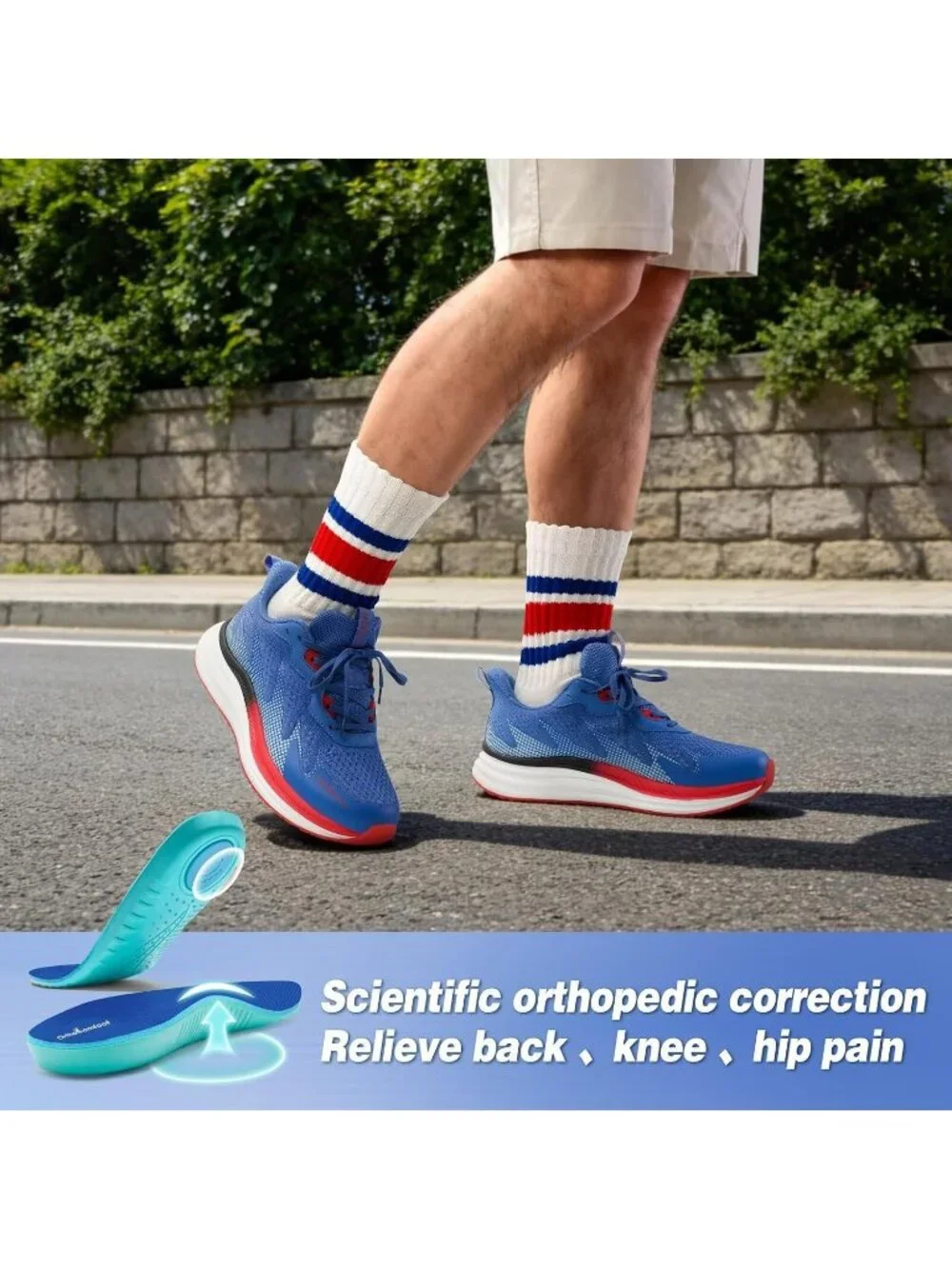 OrthoComfoot Men's Blue Red Rubber Sole Comfortable Hiking Athletic Shoes
